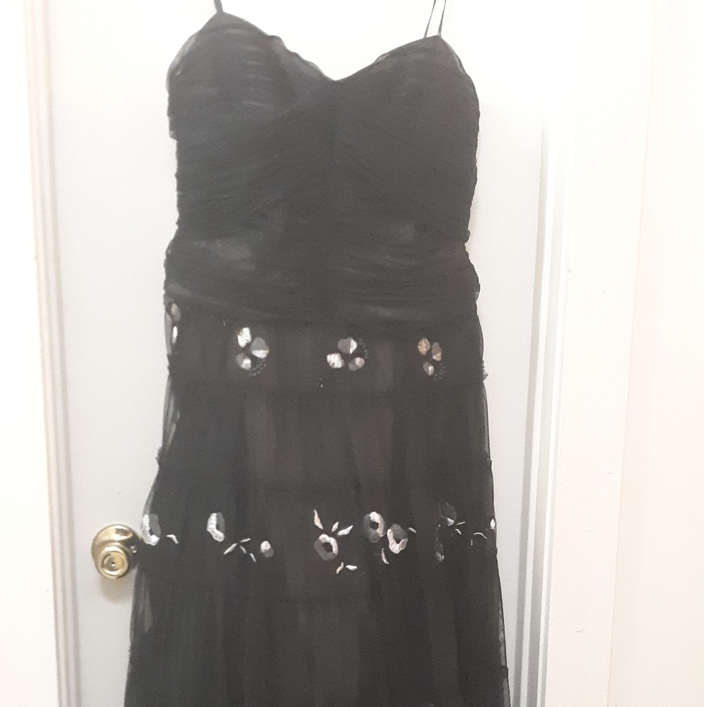 BCBG Black and gold, strapless, embroidered dress